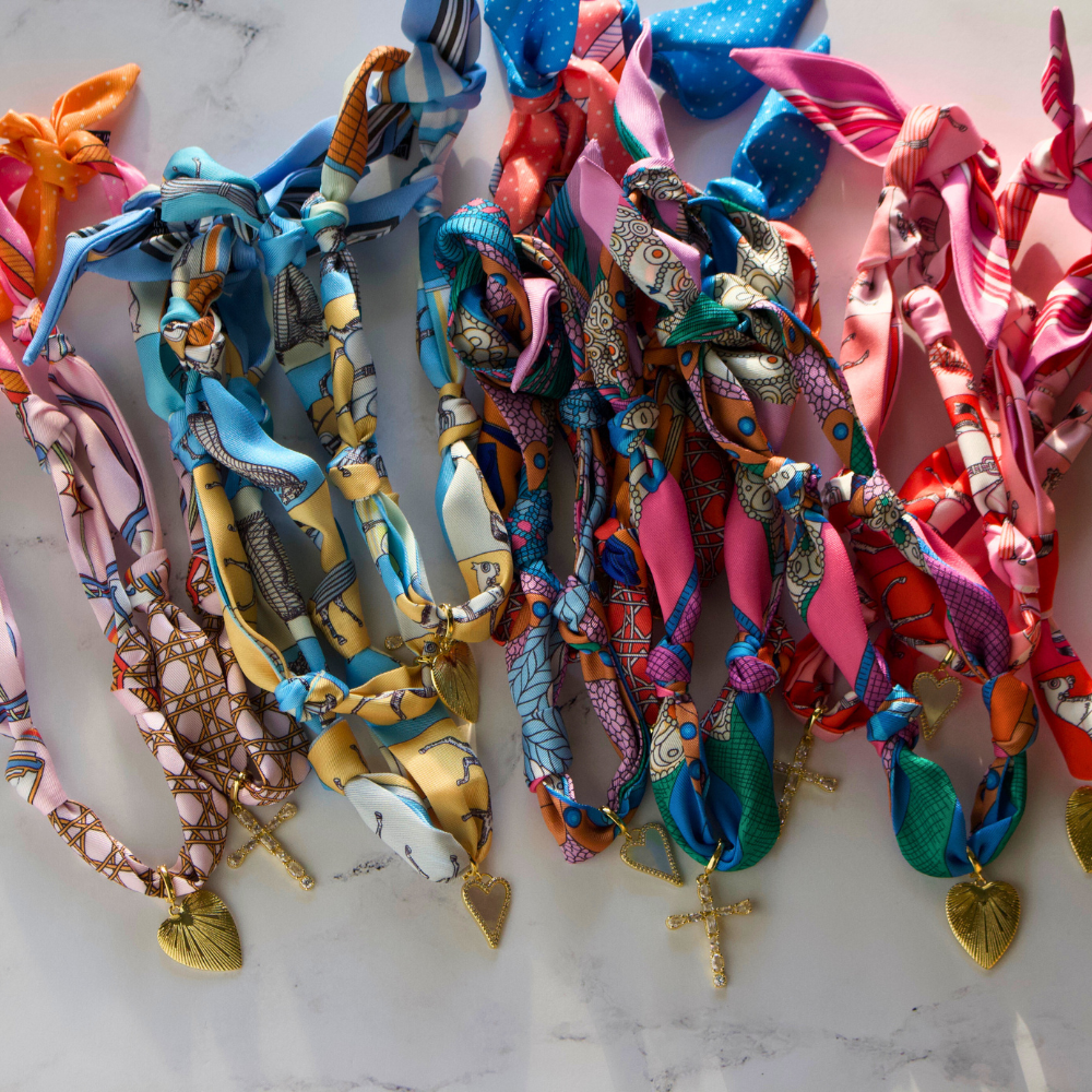 Blue horse print silk scarf necklace with gold charm, view 4