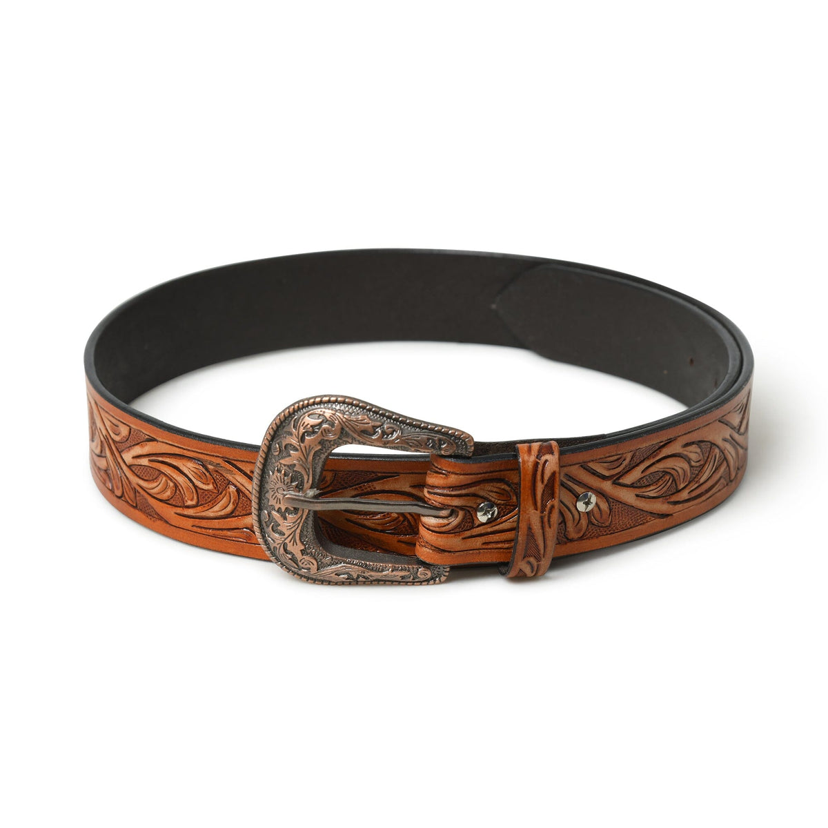 Brown carved leather western belt with engraved metal buckle, view 4
