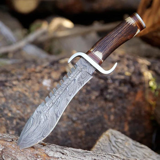 Damascus steel Western bowie knife with stag horn handle, Damascus guard and leather sheath