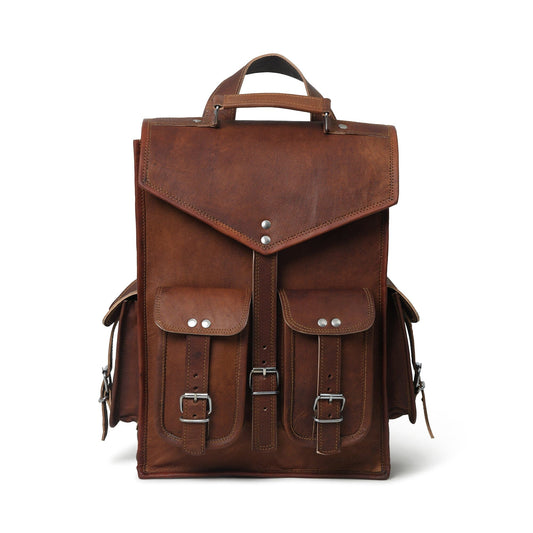 Vintage brown goat leather convertible backpack with buckled flap
