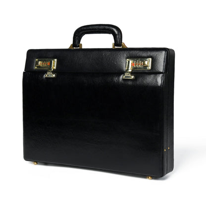Black leather hard-case briefcase with dual combination locks, view 2