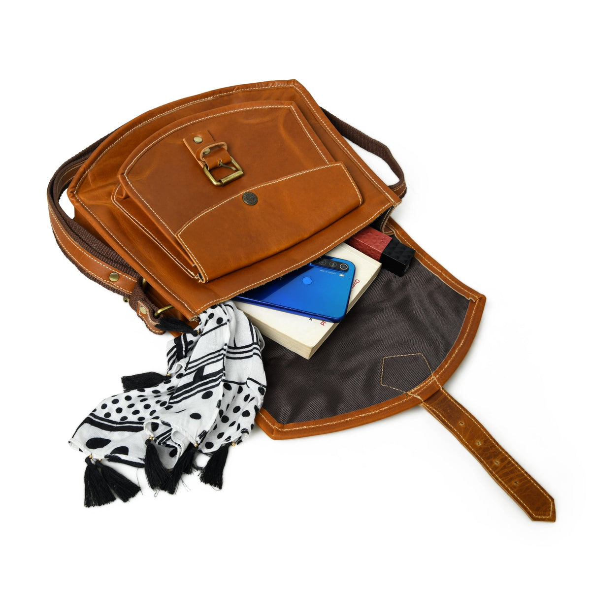 Buffalo leather saddle crossbody bag with metal buckle closure, view 3