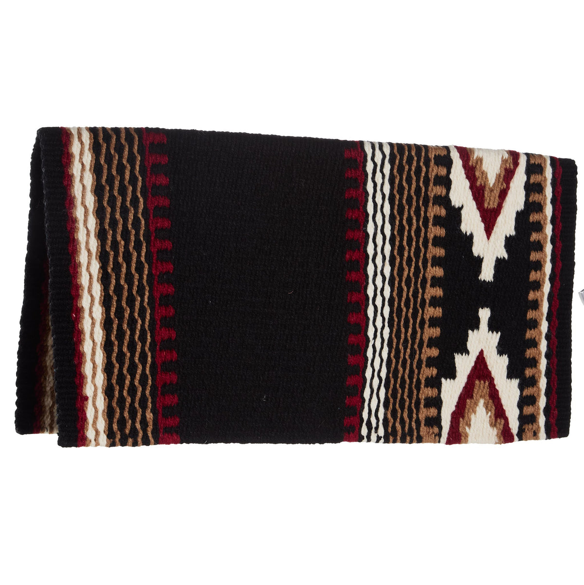 Black, cream, red earth and fawn patterned New Zealand wool saddle blanket, view 2