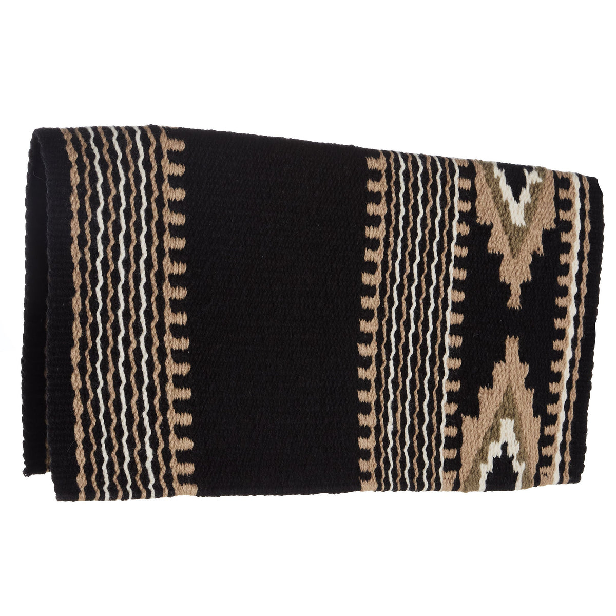 Black, sand, taupe and cream patterned New Zealand wool saddle blanket, view 2