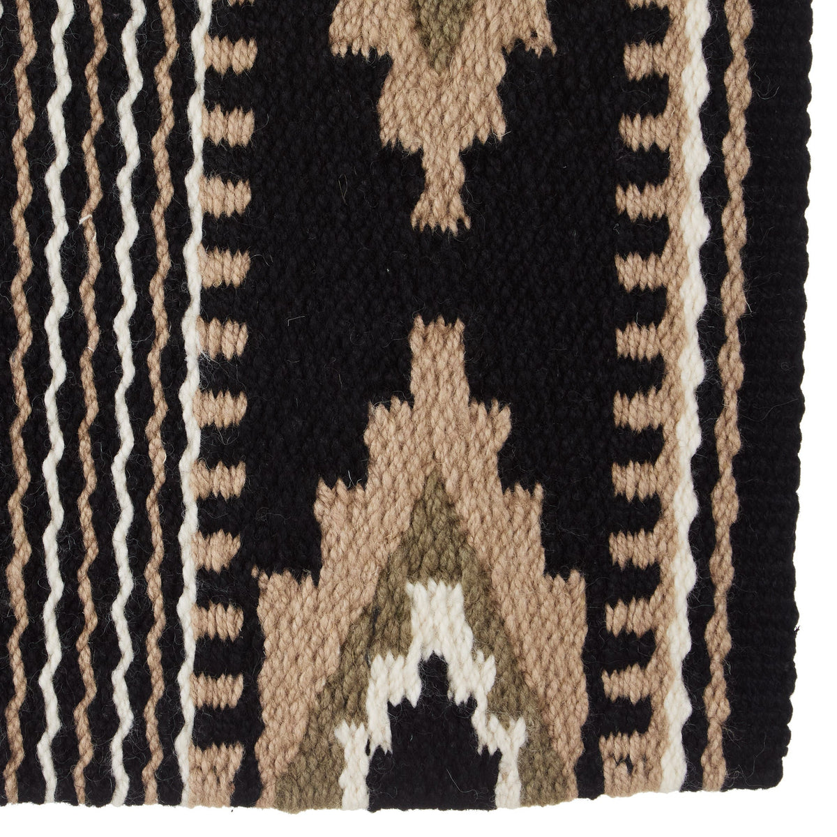 Black, sand, taupe and cream patterned New Zealand wool saddle blanket, view 4