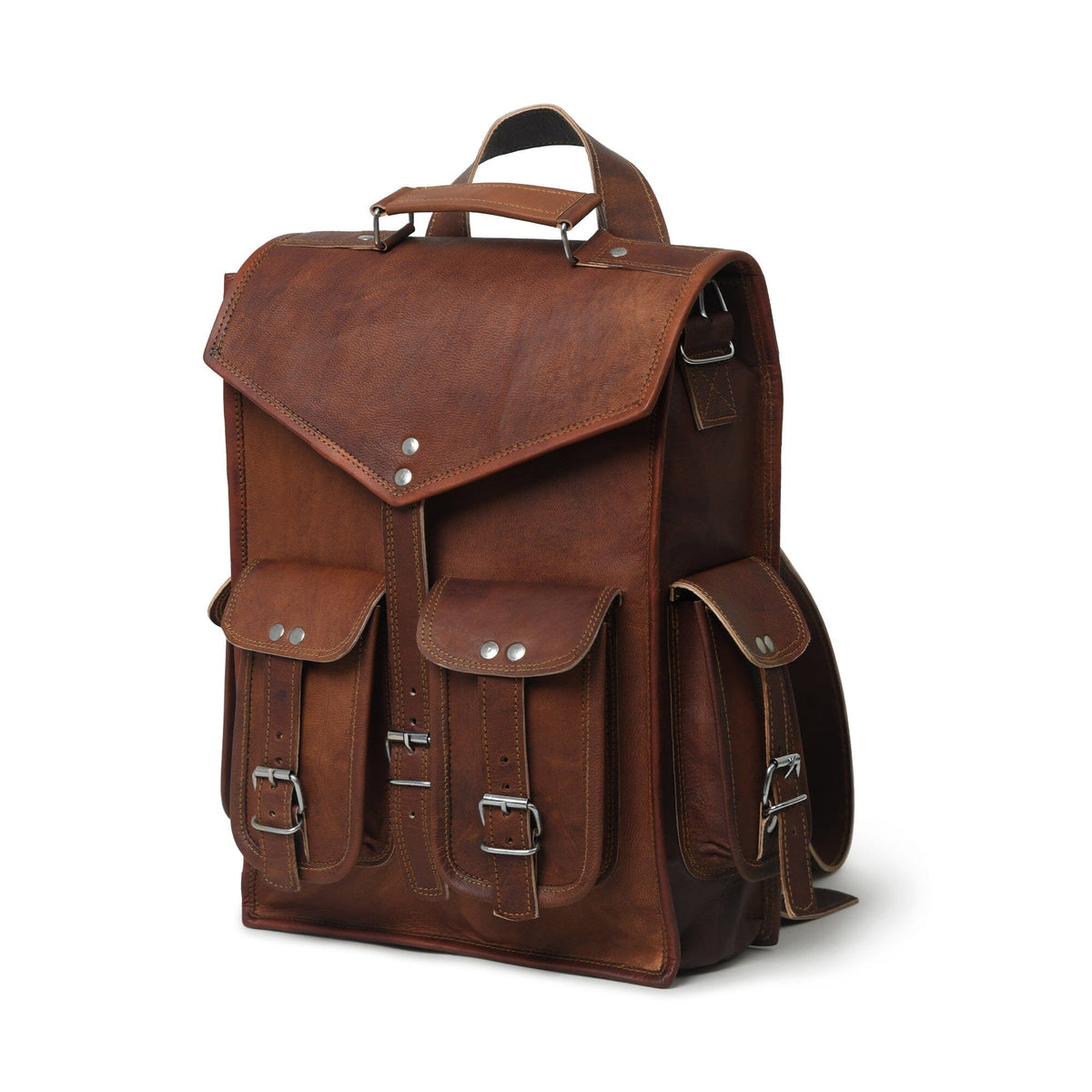 Vintage brown goat leather convertible backpack with buckled flap, view 3