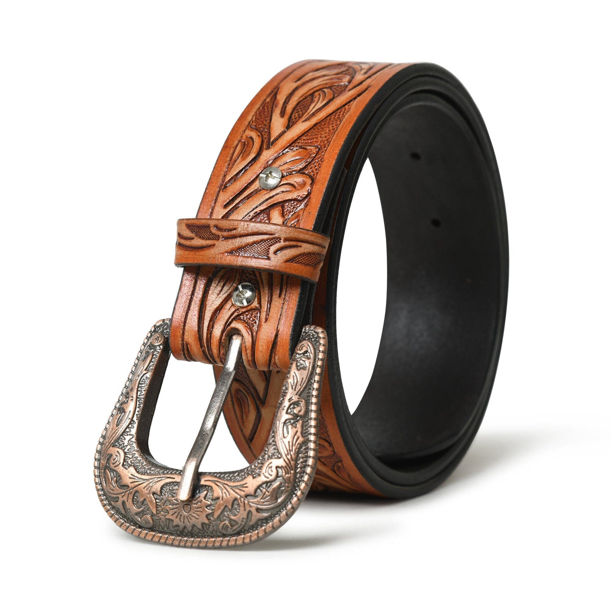 Brown carved leather western belt with engraved metal buckle