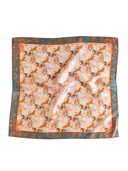 Blush pink wild rag with pastel running horses and a deep turquoise border