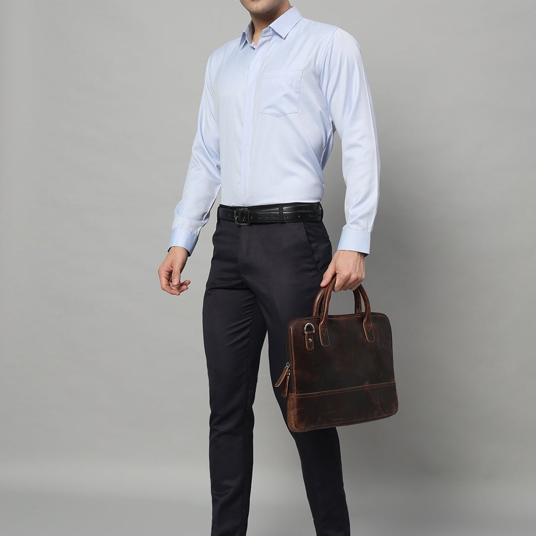 Dark brown buffalo leather laptop briefcase with shoulder strap, view 3