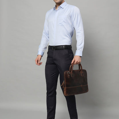 Dark brown buffalo leather laptop briefcase with shoulder strap, view 3