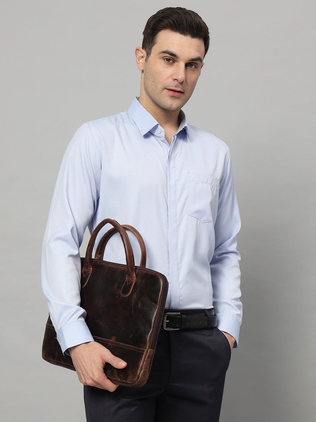 Dark brown buffalo leather laptop briefcase with shoulder strap, view 4