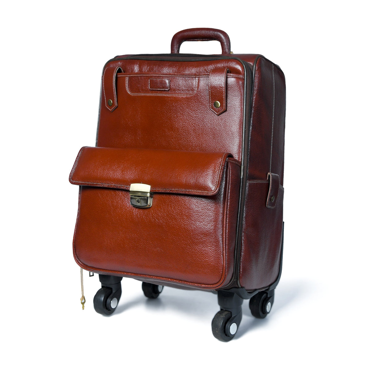 Cherry red-brown leather carry-on trolley bag with four wheels and handle, view 2