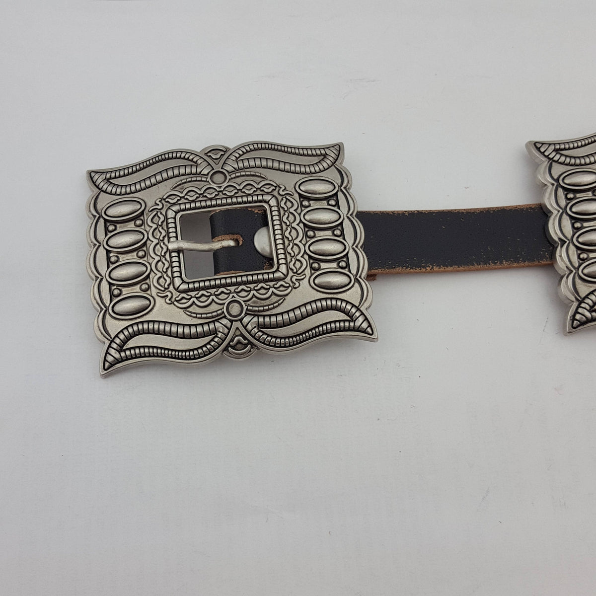 Distressed leather belt with silver rectangular conchos, view 15