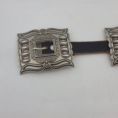 Distressed leather belt with silver rectangular conchos, view 15