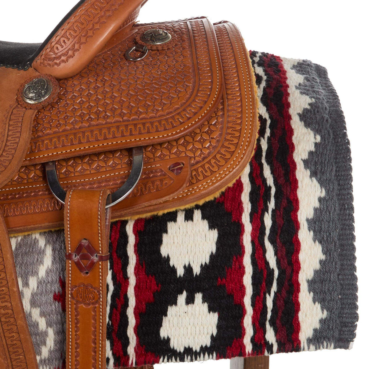 Charcoal, gray and red patterned New Zealand wool saddle blanket, view 4