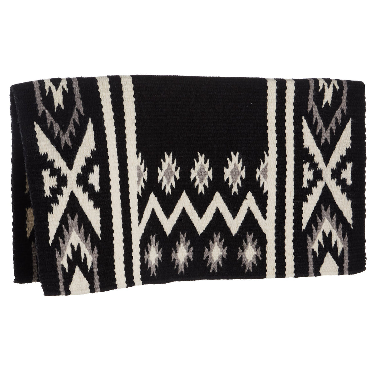 Black, ash gray and cream patterned wool blend saddle blanket, view 2