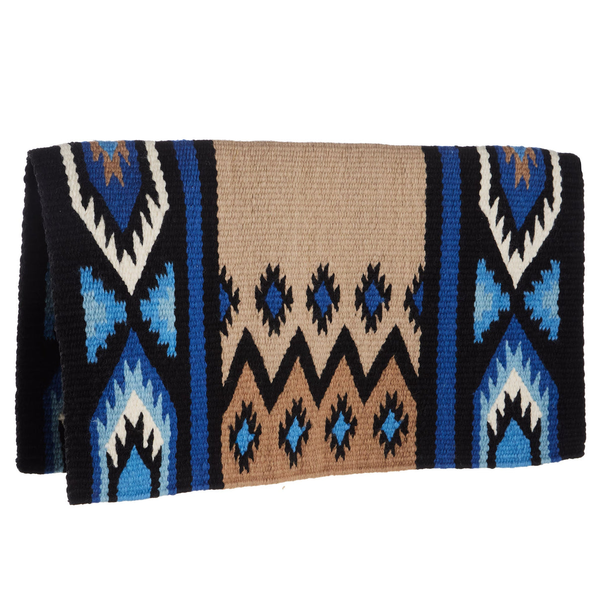 Black, sand and periwinkle blue patterned wool blend saddle blanket, view 2