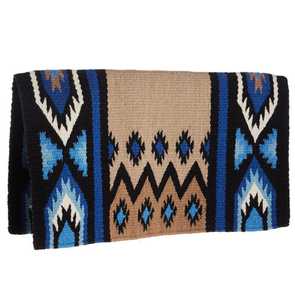 Black, sand and periwinkle blue patterned wool blend saddle blanket, view 2