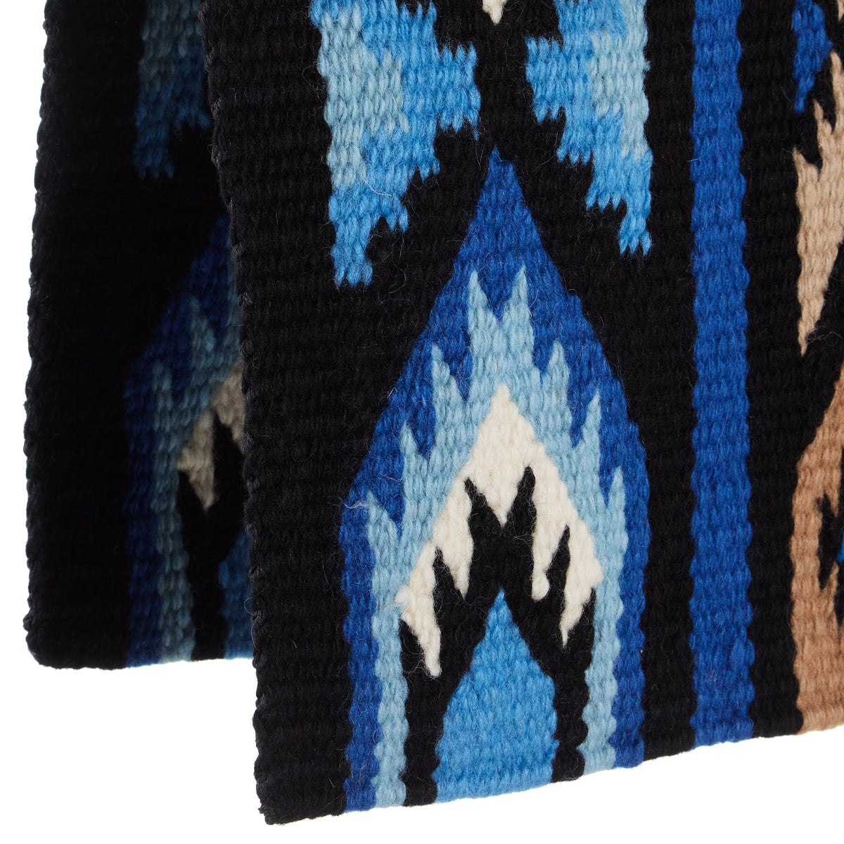 Black, sand and periwinkle blue patterned wool blend saddle blanket, view 3