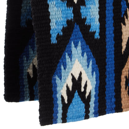 Black, sand and periwinkle blue patterned wool blend saddle blanket, view 3