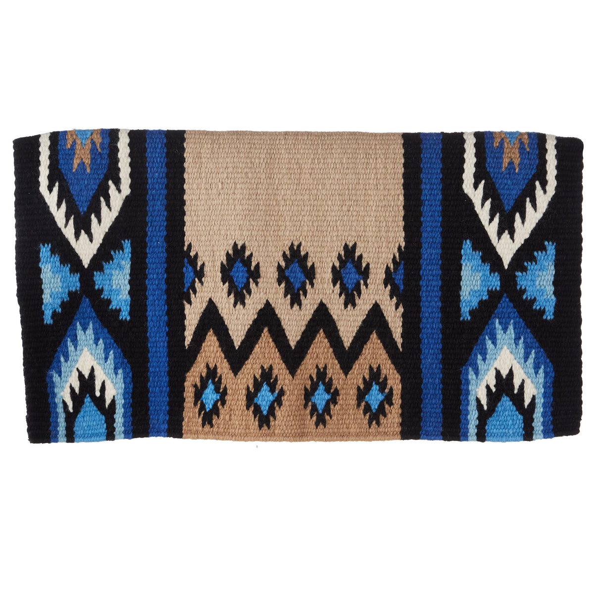Black, sand and periwinkle blue patterned wool blend saddle blanket, view 4