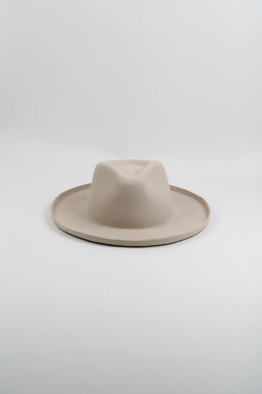 Ivory wool felt hat with a teardrop crown and pencil-rolled brim