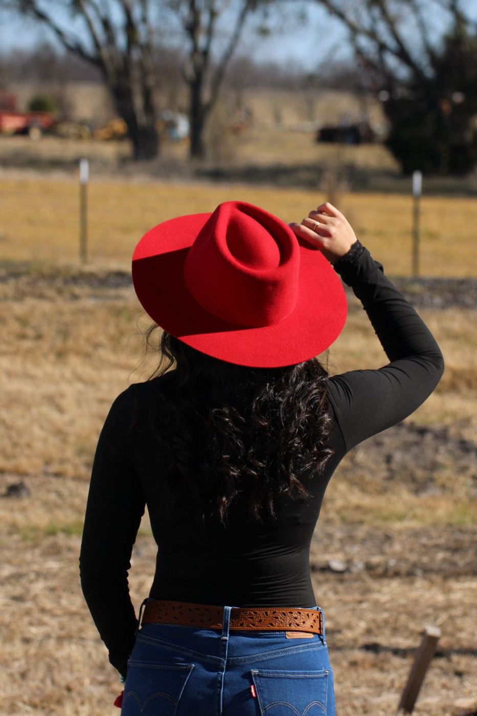 Red merino wool felt rancher hat with a lifted brim, view 3
