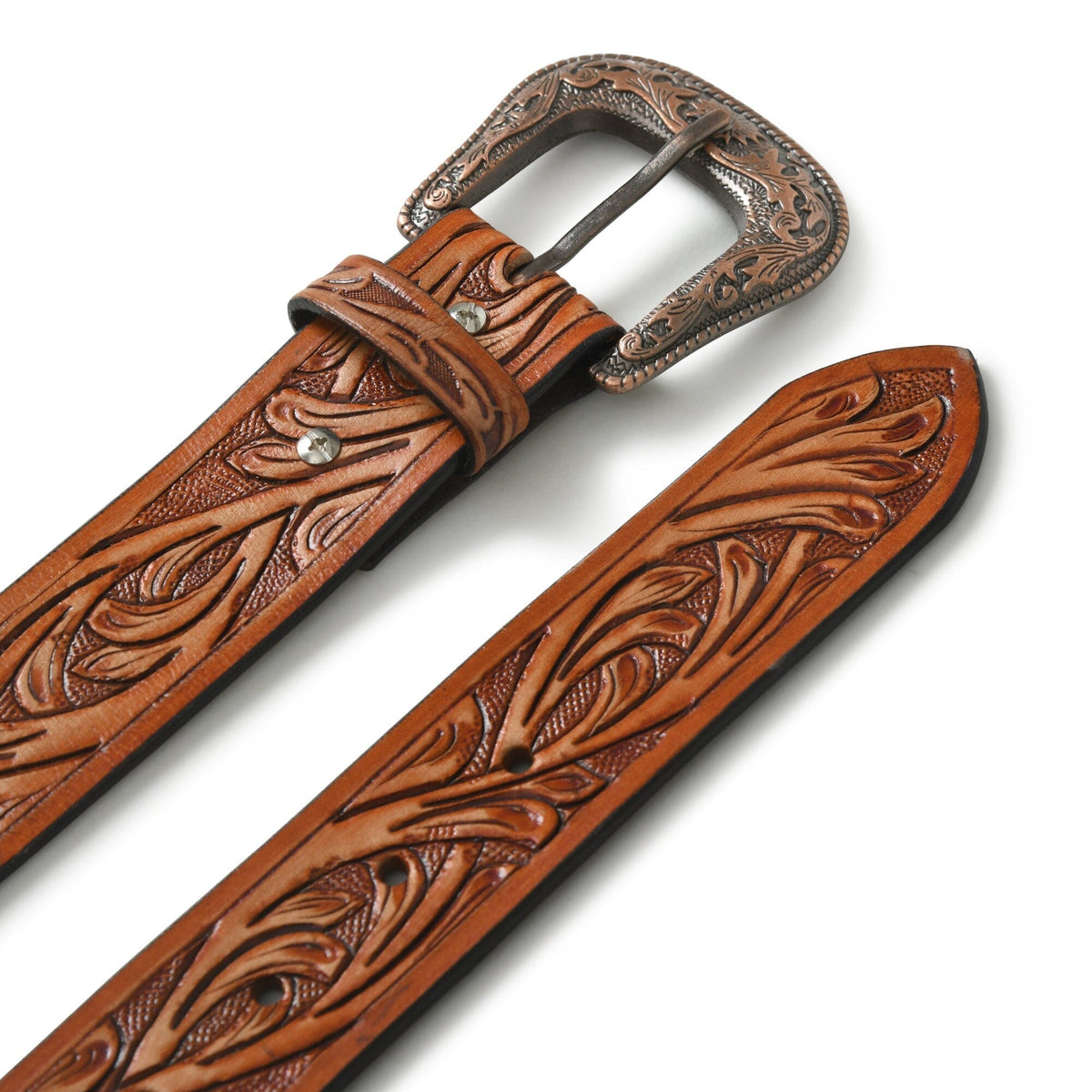 Brown carved leather western belt with engraved metal buckle, view 3