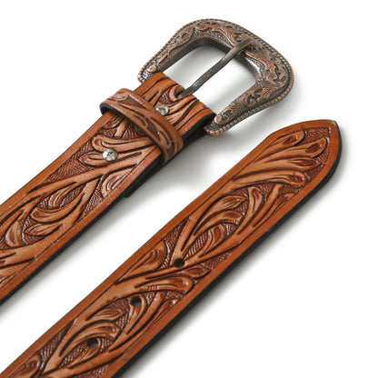 Brown carved leather western belt with engraved metal buckle, view 3