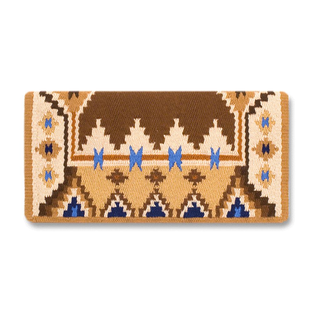 Chocolate brown, fawn and turquoise patterned New Zealand wool saddle blanket