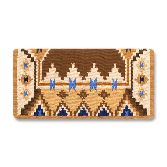 Chocolate brown, fawn and turquoise patterned New Zealand wool saddle blanket