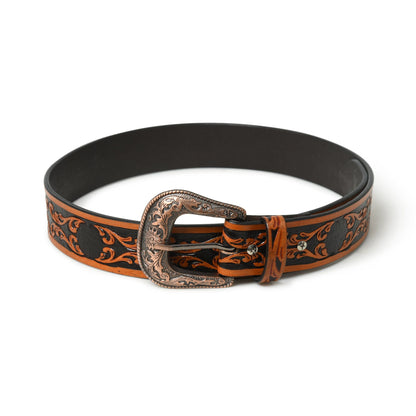 Black and brown carved leather Western belt with engraved metal buckle, view 3