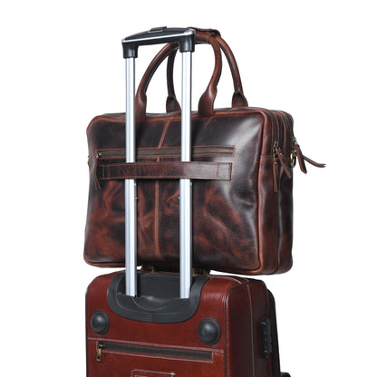 Buffalo leather pilot briefcase with top handle and front pockets, view 3