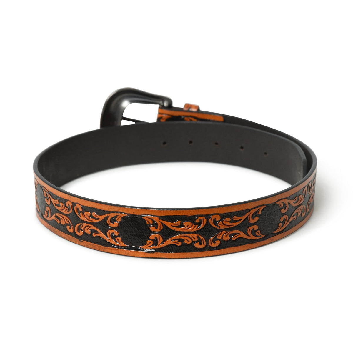 Black and brown carved leather Western belt with engraved metal buckle, view 4