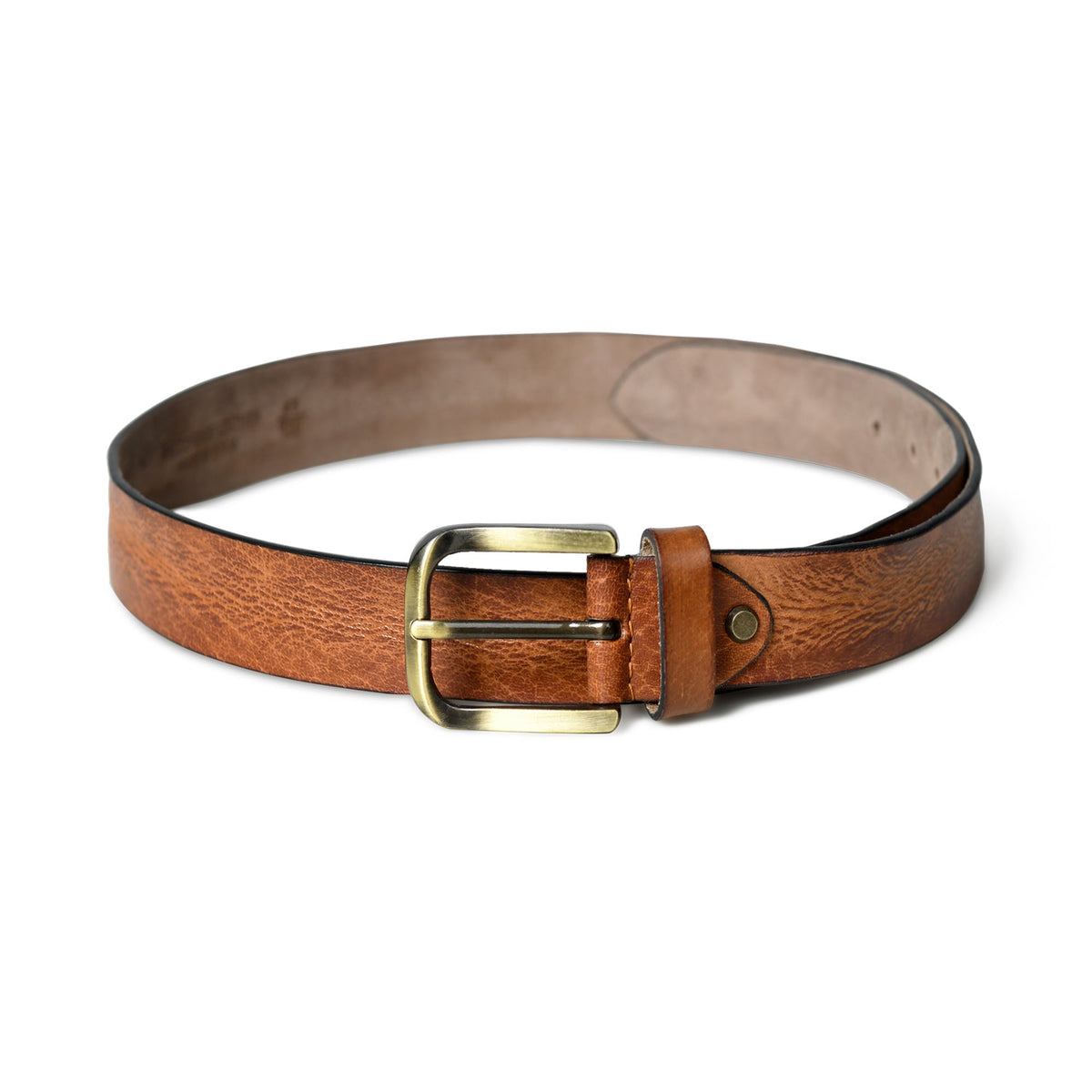 Tan leather dress belt with orange accents and metal buckle, view 3