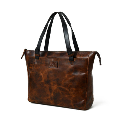 Buffalo leather office tote with shoulder strap and magnetic closure