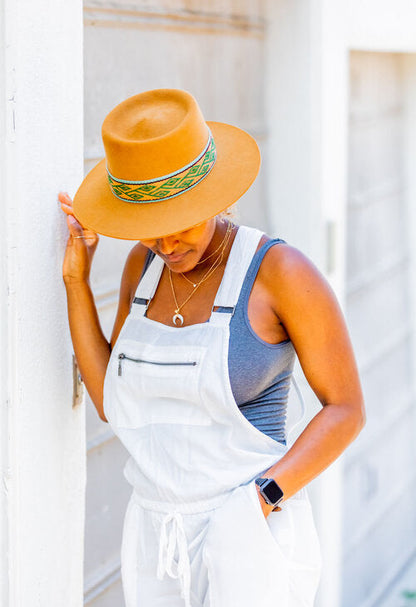 Camel tan alpaca wool felt bucket hat with a woven textile band, view 2