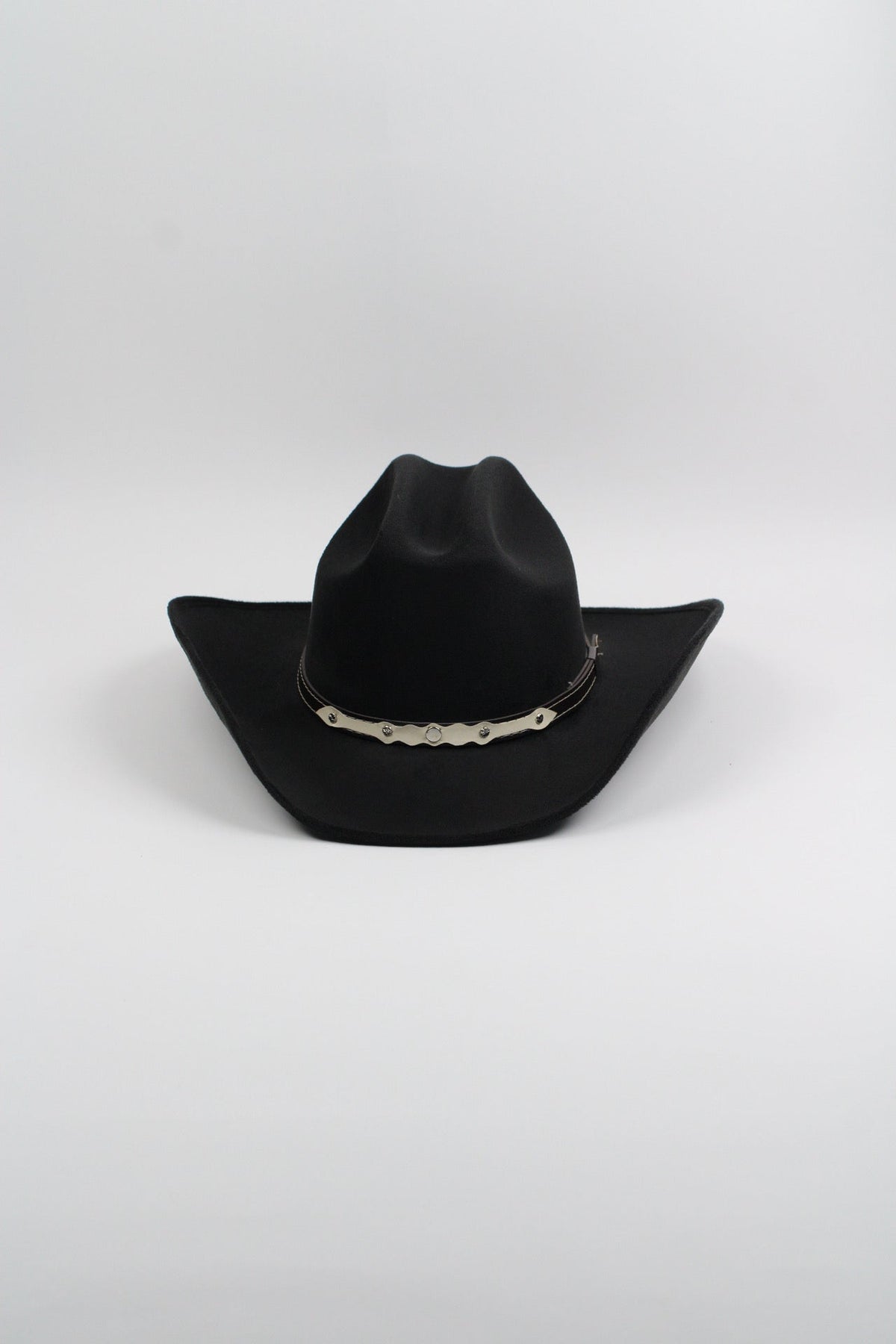 Black vegan suede cowboy hat with a lifted brim and faux leather band, view 3