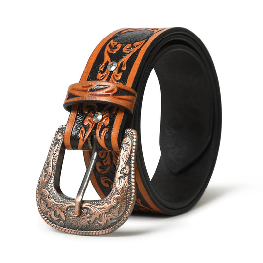 Black and brown carved leather Western belt with engraved metal buckle
