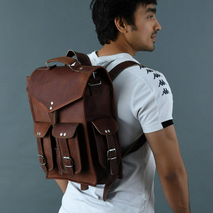 Vintage brown goat leather convertible backpack with buckled flap, view 2