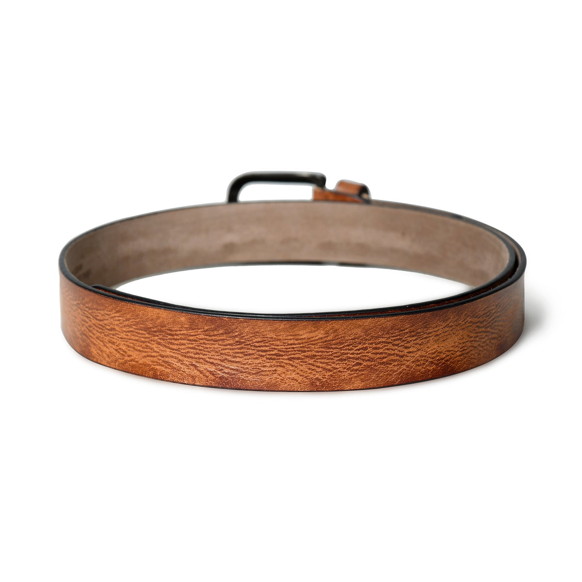Tan leather dress belt with orange accents and metal buckle, view 4