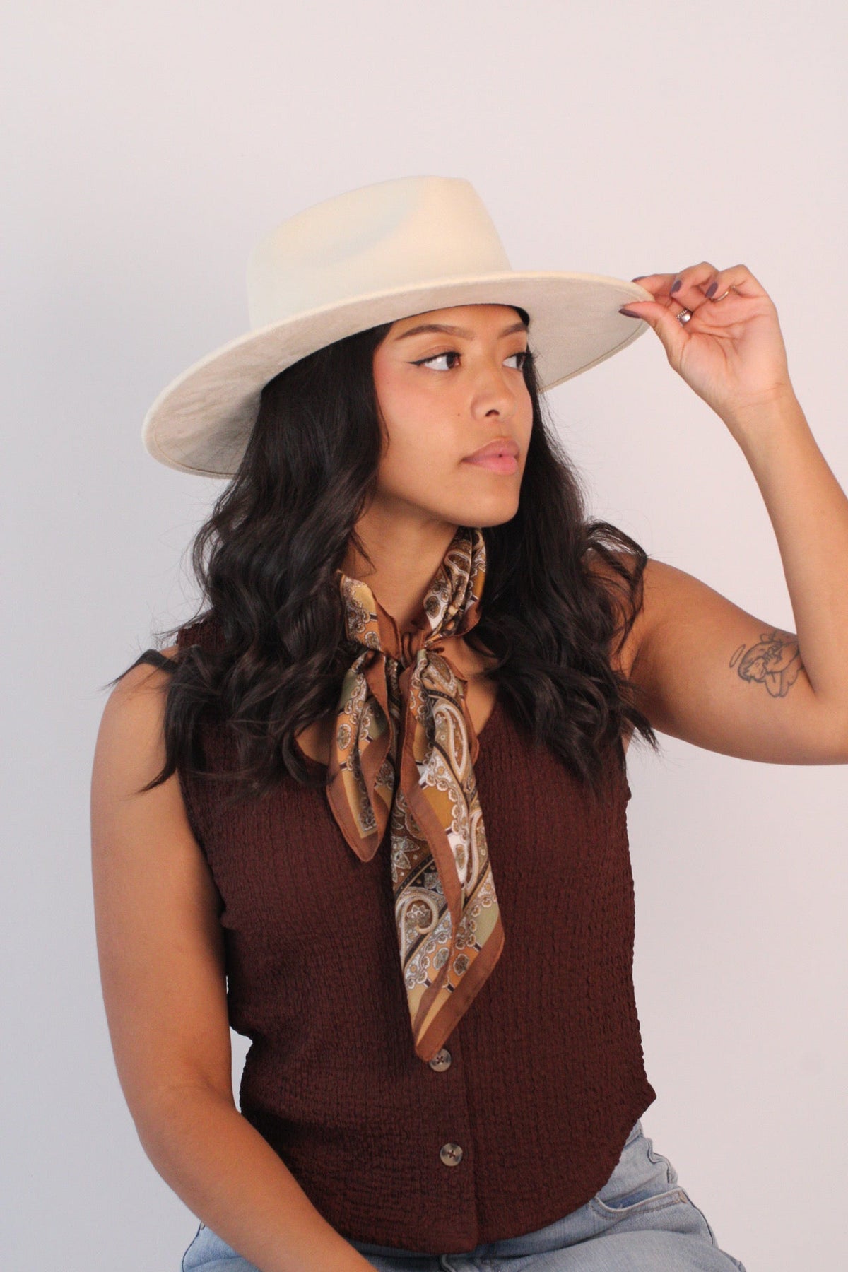 White vegan suede rancher hat with a flat 3-inch brim, view 3