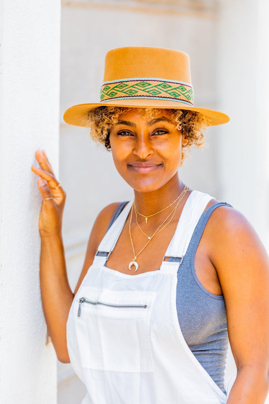 Camel tan alpaca wool felt bucket hat with a woven textile band