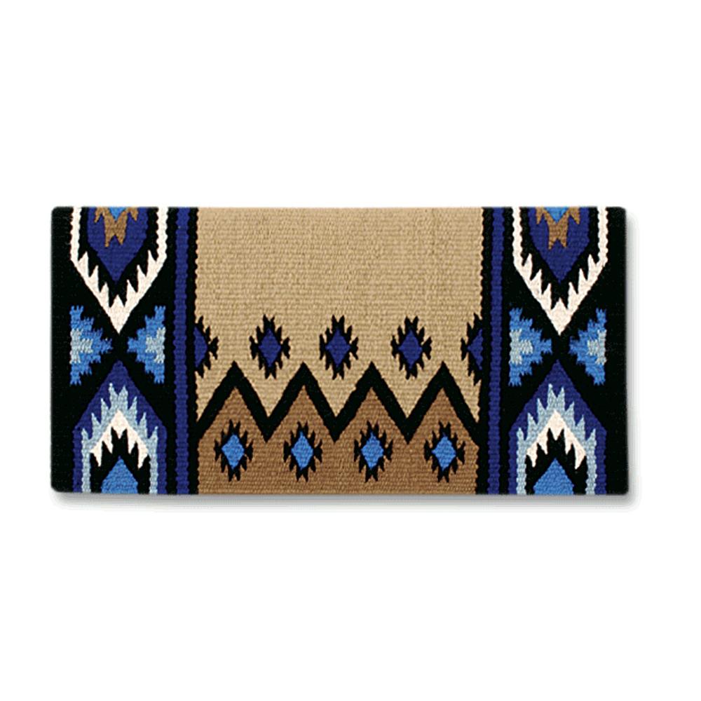 Black, sand and periwinkle blue patterned wool blend saddle blanket