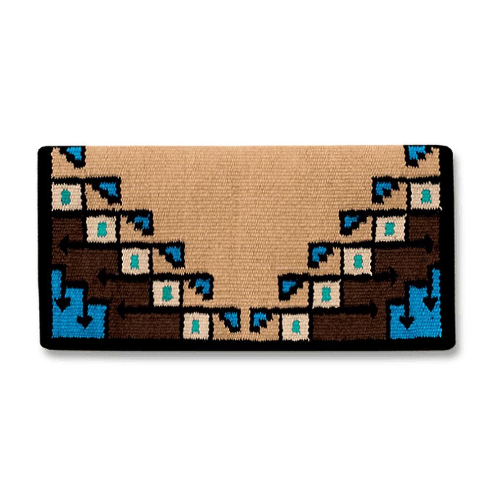Indian tan, black and turquoise patterned wool blend saddle blanket