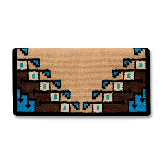Indian tan, black and turquoise patterned wool blend saddle blanket