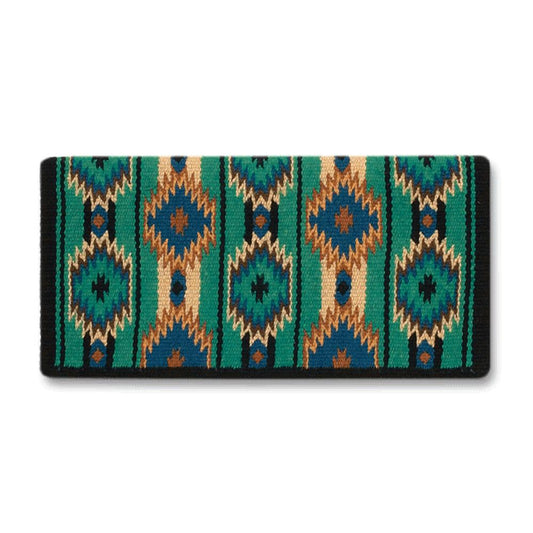 Black, chestnut, ocean blue and rust patterned wool blend saddle blanket