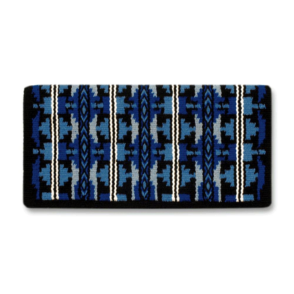 Black, royal blue and periwinkle patterned wool blend saddle blanket