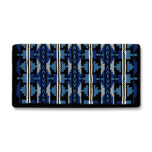 Black, royal blue and periwinkle patterned wool blend saddle blanket