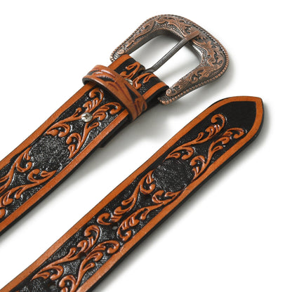 Black and brown carved leather Western belt with engraved metal buckle, view 2